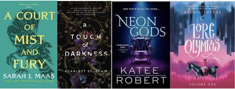 Four book covers. Left to right, #1: A green background with an illustration of a raven, the title says "A Court of Mist and Fury." #2: A black background with an ornate gold baroque floral pattern, the title reads "A Touch of Darkness." #3 has a black background with an empty throne sitting in the middle bathed in blue and purple light. The title reads "Neon Gods." #4 the top is an upside-down blue illustrated cityspace, and the bottom is a girl riding a black horse in tall pink grass on a pink background.