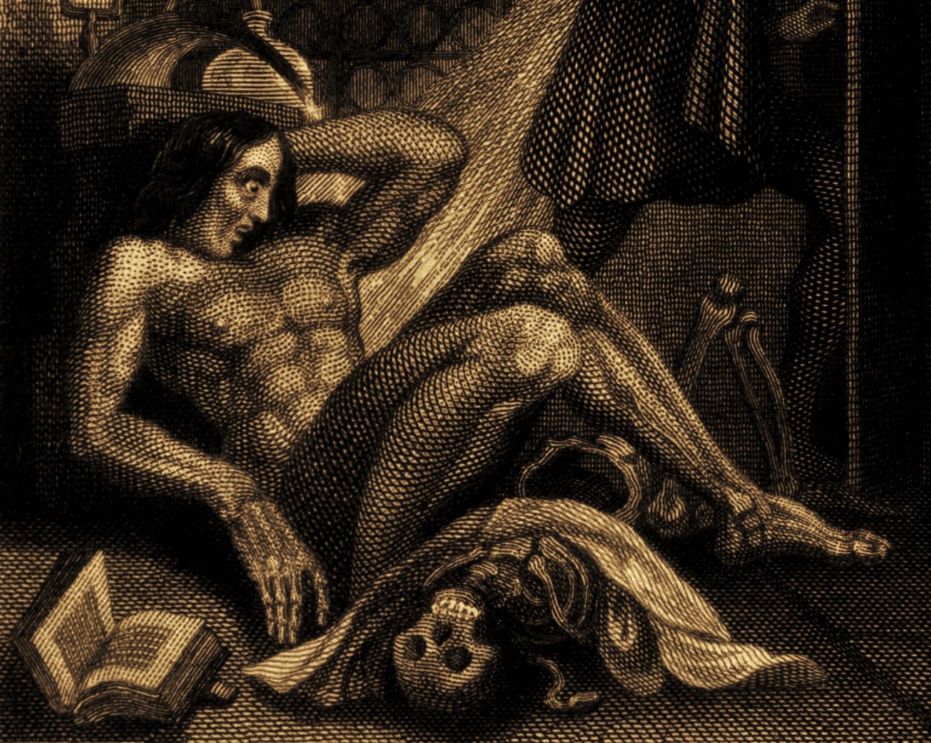 A black and white illustration of a nude man's body with an off-center head, eyes wide. On the floor are an open book and a skull.