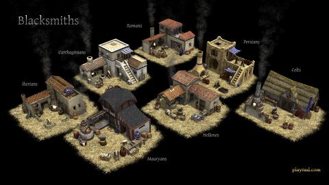 Some of the blacksmith buildings for the video game 0 A.D (Image via Wikimedia under a CC BY-SA 3.0 by Wildfire Games). 