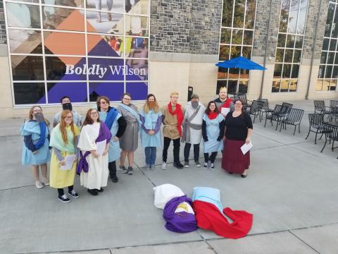 Dr. Rock-McCutcheon and the cast of Antigone for Arts Day 2019 at Wilson College. Image courtesy of Bonnie Rock-McCutcheon.