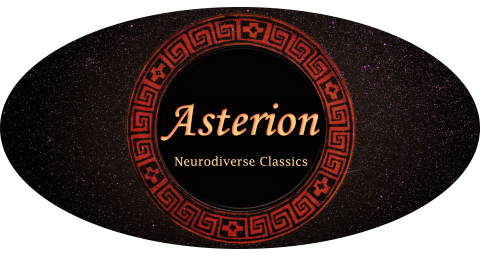 The logo for Asterion. A wide oval with a black background filled with stars. In the middle is a red circle with a Greek meander pattern, and inside the circle text reads "Asterion: Neurodiverse Classics."
