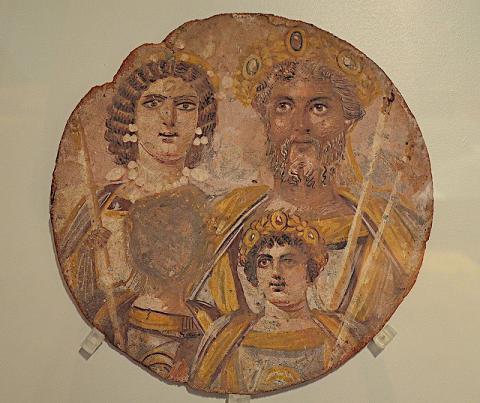 Tondo showing the Severan dynasty: Septimius Severus with Julia Domna, Caracalla and Geta, whose face has been erased, probably because of the damnatio memoriae put against him by Caracalla, from Djemila (Algeria), circa AD 199-200, Altes Museum, Berlin.