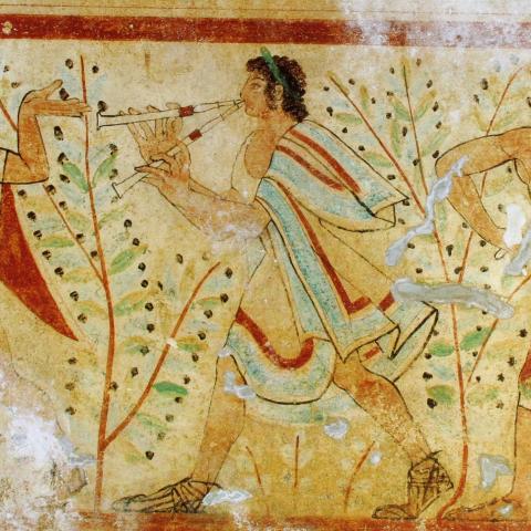 Dancers and musicians, tomb of the leopards, Monterozzi necropolis, Tarquinia, Italy. UNESCO World Heritage Site. Fresco a secco. Height (of the wall): 1.70 m. 475 BCE. from Le Musée absolu, Phaidon, 10-2012, photographer Yann Forget. CC By 1.0.