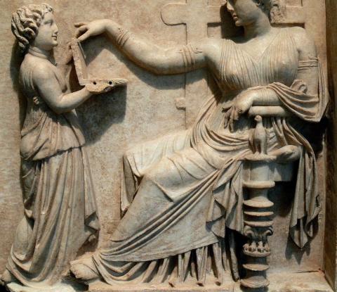 Gravestone of a woman with her attendant (100 BCE). Getty Villa (Image via Wikimedia under a CC-BY-SA 3.0 License).
