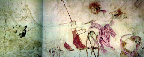 Hades abducting Persephone. Fresco in the small royal tomb at Vergina, Macedonia, Greece. 340 BCE.