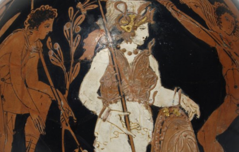 Header Image: Athena looks on as Oedipus slays the Sphinx (Attic red-figured lekythos, 420-400 BCE now at the British Museum).