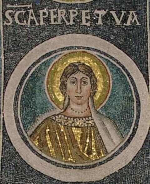 A mosaic with a black background. The top reads SCA PERPETUA. Beneath that is a bust image of a woman in a circle. She has brown hair pulled back, wears gold robes, and has a gold saint halo around her head.