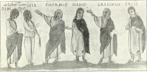 A row of six people, all but one dressed in varied togas. Two of the men raise their right hands in an oratorical gesture. Above each person is the name of a character in the Phormio.