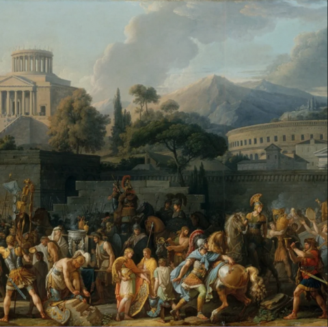 A crowded scene of a Roman triumph featuring soldiers, onlookers, and spoils. In the background are trees and a Roman building.
