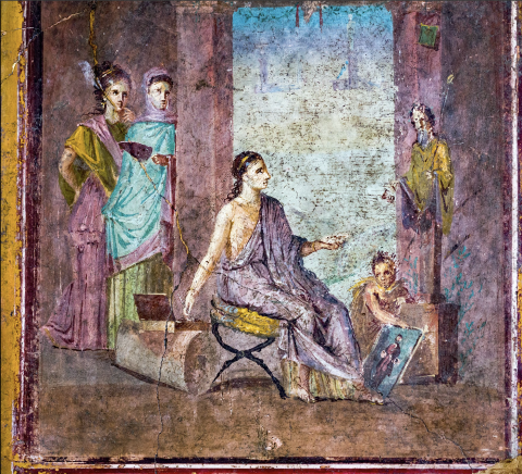 A colorful fresco of a woman seated in a toga looking at a statue and a painting, held up by a boy. Behind here are two other women.