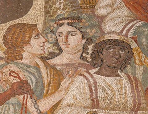 A mosaic showing three people, one dark skinned and two light skinned, with long hair
