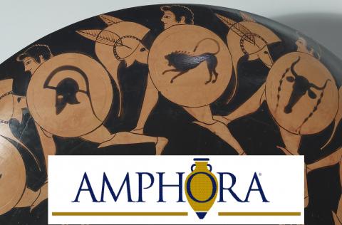 AMPHORA overlaid against a black kylix with red soldiers carrying shields