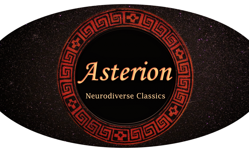 The logo for Asterion. A wide oval with a black background filled with stars. In the middle is a red circle with a Greek meander pattern, and inside the circle text reads "Asterion: Neurodiverse Classics."