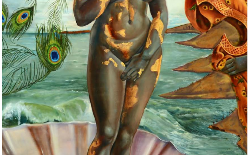 A Black woman with short hair posed as Venus in Boticelli's Birth of Venus. She stands on an open seashell in the sea, and her body is adorned with patches of gold. On the right, a dark-skinned hand coming out of a white blouse holds an orange tapestry.