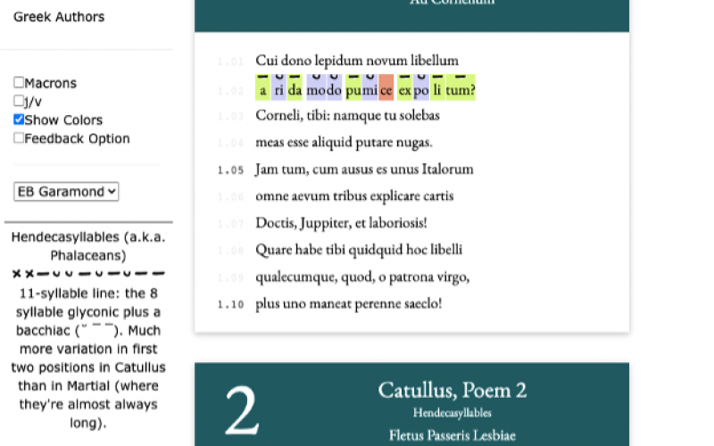 A screencap from Hypotactic.com showing the text of Catullus, Poem 1. The words in the second line are highlighted in different colors by syllable.