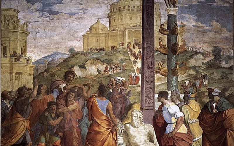 A painting of Rome featuring a crowd of men fighting on a hill. Behind them is an obelisk, a column, and a toppled white marble statue of a nude man. 