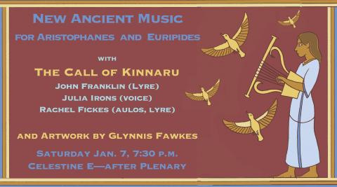 Poster for New Ancient Music for Aristophanes and Euripides, with the Call of Kinnaru, red background with lyre player, lyre and four birds