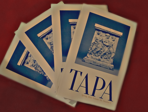 Four covers of the journal TAPA, arranged on a red background