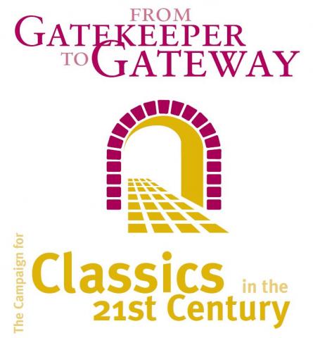 From Gatekeeper to Gateway, text in pink, and Classics in 21st century, text in yellow with picture of pink and yellow gateway and path