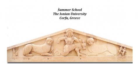 Flyer for Summer School Ionian University showing image of pediment with Medusa from Temple of Artemis on Corful (Corcyra)