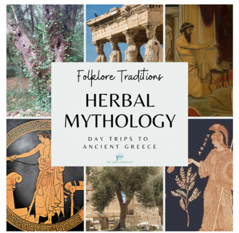 A poster reading "Folklore Traditions: Herbal Mythology. Day trips to Ancient Greece." Behind the text are images from Greek vases and nature.