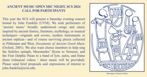 Information about the Ancient Music Open Mic Night, SCS 2024, Call For Participants with a drawing by Glynnis Fawkes