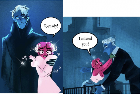 Two comic frames. Left, A tall man in a coat with a blue background has his arm around a small girl in a pink coat with pink skin and hair. There are sparkles aroundher head, and a speech bubble saying "R-ready!" Right, the same man in a suit leans down to hug the pink girl, now wearing a white tank top and blue jeans, and she has a speech bubble saying "I missed you!"
