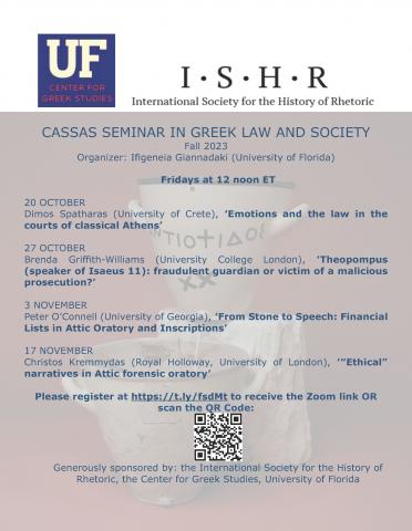 Poster for the Cassas Seminar in Greek Law and Society, Fall 2023, Organizer: Ifigeneia Giannadaki (University of Florida), Fridays at 12 noon ET