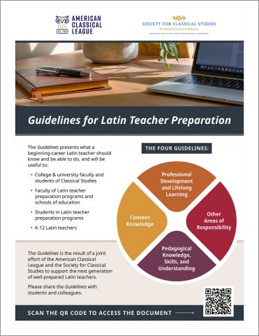 A flyer for the Guidelines for Latin Teacher Preparation, which includes a photo of a notebook next to a laptop on a desk.