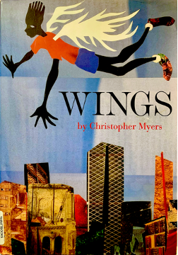 A collaged book cover of a boy with wings flying over a city