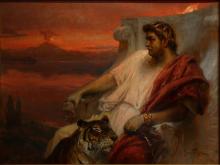 Oil painting of a white man sitting in a large chair facing left with a dissatisfied expression. He wears a white toga with red drapery over his left arm, a crown, a gold cuff bracelet, and short curly hair. A tiger sits between his legs.