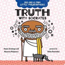 A book cover with a pink and white geometrically-patterned background. In the middle stands a cartoon man with a beard, a bald head, a toga, and a walking stick. He is surrounded by stars and symbols. A small, gray dog at his feet sniffs an ant.