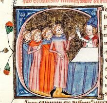 14th century illustrated manuscript of Omne Bonum (by James le Palmer – British Library MS Royal 6 E. VI, fol. 301ra); it shows a bishop instructing clerics with leprosy. 