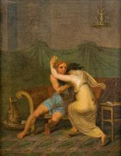 A man in a light blue toga hugs a woman with black hair, seen only from the back, who buries her head in his shoulder and raises her left hand in lament.
