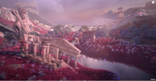 Scene from Lil Nas X's music video for MONTERO. A distorted image of a landscape with red trees, large ancient statues, and ancient buildings.