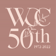 New WCC logo reading WCC 50th, 1972-2022. Beige font on a dusty pink background.