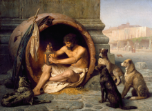 A nude, light-skinned man with a cloth tied around his waist sits inside a large, overturned pot holding a lantern. Four dogs sit outside the pot watching him. He sits in front of a large pedestal, behind which is a city scene.