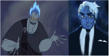 Two images of a cartoon Hades. Left, from the Hercules movie, a large, fat, gray man wearing a gray tshirt and black toga. His face is long and narrow, his eyes yellow, and his hair looks like a blue flame coming off the top of his head. Right, a blue-skinned man that looks like a human wearing a black suit and tie and white shirt, his hair is short and silvery.