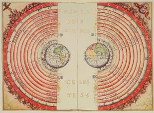 Figure of the heavenly bodies - Illuminated illustration of the Ptolemaic geocentric conception of the Universe by Portuguese cosmographer and cartographer Bartolomeu Velho (?-1568). From his work Cosmographia, made in France, 1568 (Public Domain).  