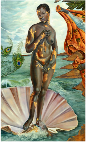 A Black woman with short hair posed as Venus in Boticelli's Birth of Venus. She stands on an open seashell in the sea, and her body is adorned with patches of gold. On the right, a dark-skinned hand coming out of a white blouse holds an orange tapestry.