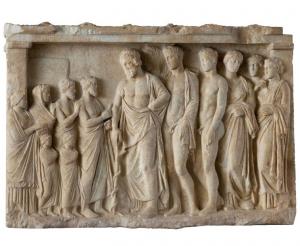 Asclepius, his sons, daughters, and Hygeia in the background with a family of worshippers. Votive Relief from the 4th cent. BCE. National Archaeological Museum of Athens.