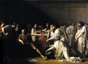 A dark painting featuring men in togas. A number of men in the center wearing white togas reach towards an older man, seated in a brown toga. As they extend arms towards him, he pushes them away and looks aside.