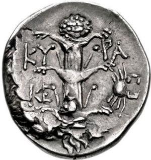 A black-and-white image of the reverse of a diadrachm of Magas, dated 300–275 BCE, depicting the silphium plant, with a small crab on the right side and Greek letters interspersed in the branches of the plant.