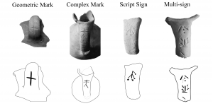 Four fragments of pottery with different marks on each. Beneath each photo of a pottery sherd is a drawing of that sherd. From left to right, the sherds are labeled Geometric Mark, Complex Mark, Script Sign, and Multi-sign.