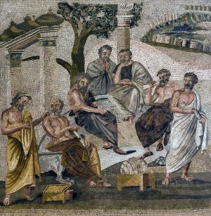 A mosaic featuring a group of men in togas, variously sitting and standing outdoors. Some are reading, while others engage in conversation.