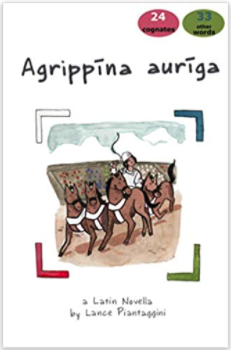The cover of Agrippina Auriga by Lance Piantaggini. A white book cover with an illustration of a chariot racer riding three brown horses.