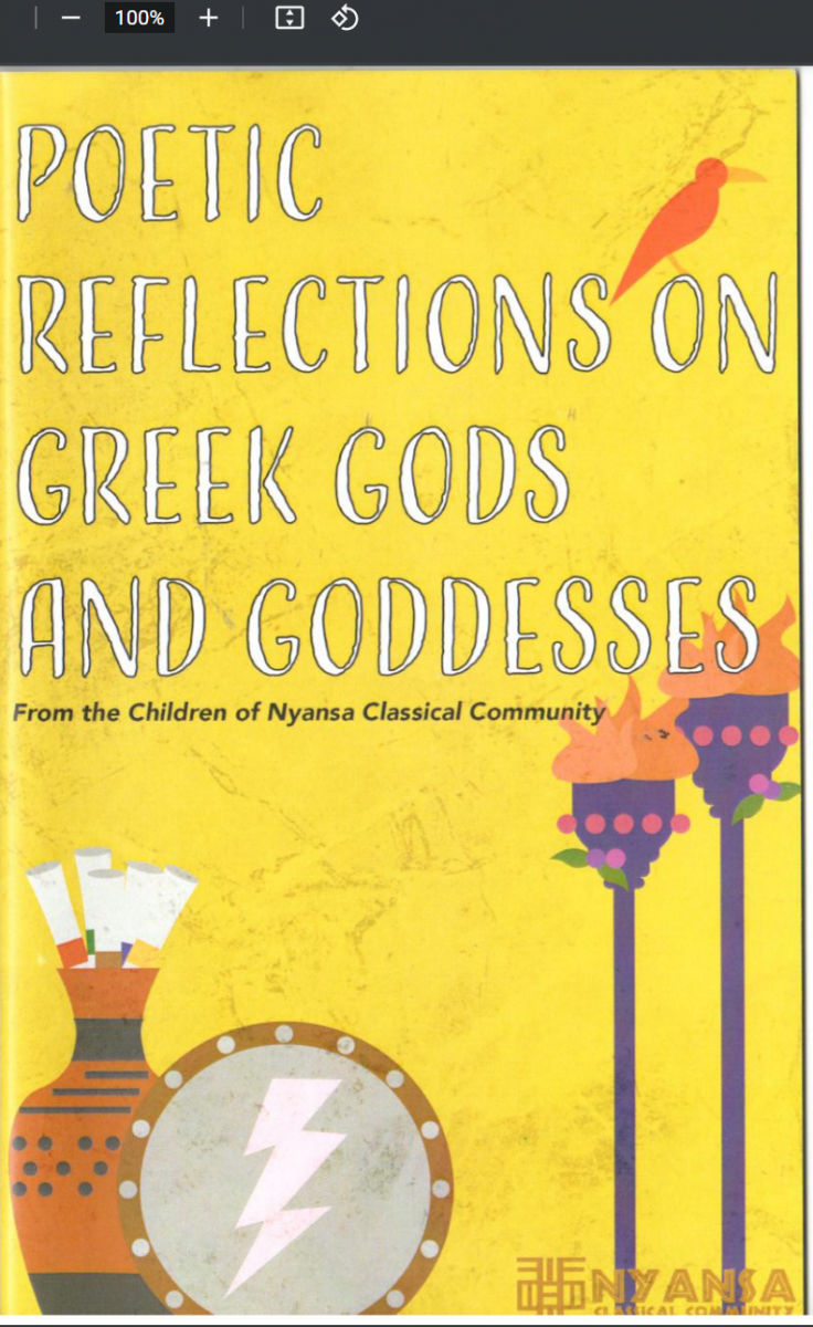 A yellow book cover. The title reads "Greek Gods and Goddesses: From the Children of Nyansa Classical Community." There are stylized illustrations of a Greek urn and a shield.