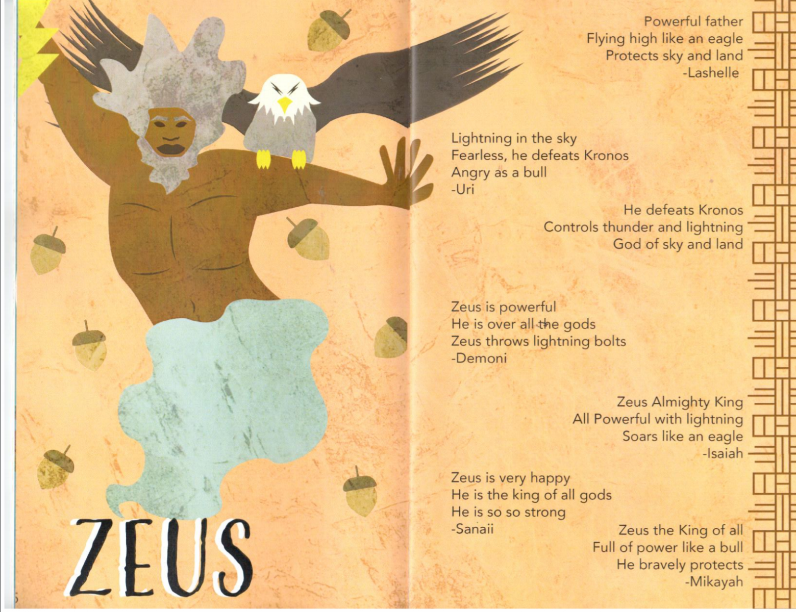 An illustration of Zeus with brown skin and gray hair, with an eagle perched on his shoulder. To the right are short poems by students.