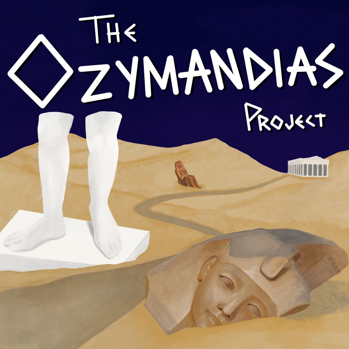 The visual artwork for the Ozymandias Project podcast showcasing the podcast’s interest in Ancient Greece and Egypt.