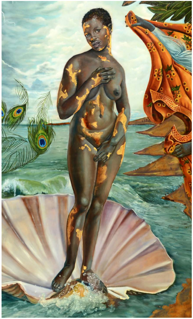 A Black woman with short hair posed as Venus in Boticelli's Birth of Venus. She stands on an open seashell in the sea, and her body is adorned with patches of gold. On the right, a dark-skinned hand coming out of a white blouse holds an orange tapestry adorned with sunflowers. On the left are peacock feathers.